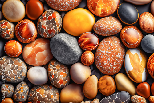 Pattern of many various smooth orange stones. Generative AI
