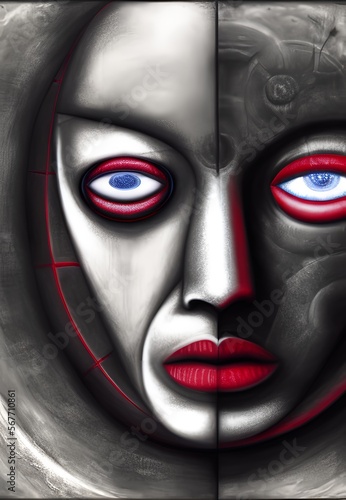Abstract human face, yin yang concept. Charcoal drawing. Generative AI.