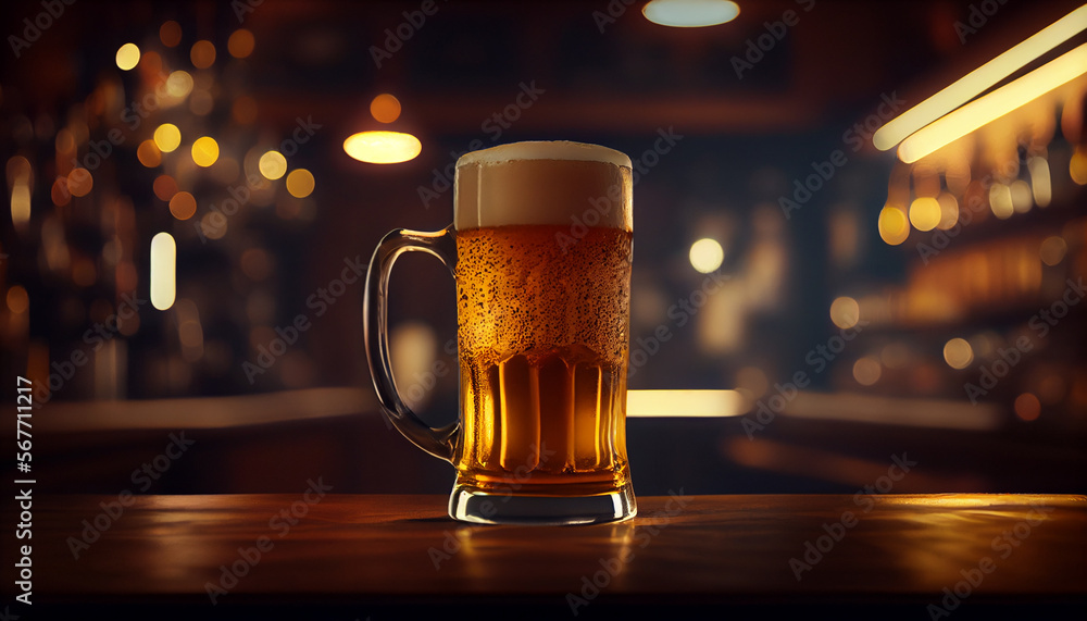 Glass mug of beer with foam in a bar, pub, brewery. Lager drink, pint, alcohol close-up. Generative AI