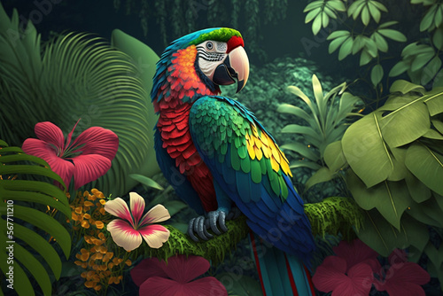 Tropical rainforest with macaw parrot bird , 3D , Generative AI