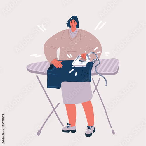 Vector illustration of Young man ironing clothes. Ironing and folding clothes routine, Womanwith clothes on an ironing board. Housekeeping theme.