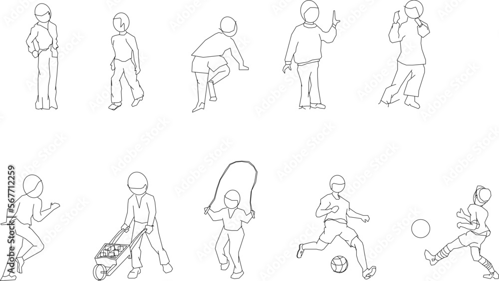 Vector sketch of a silhouette of a little boy playing