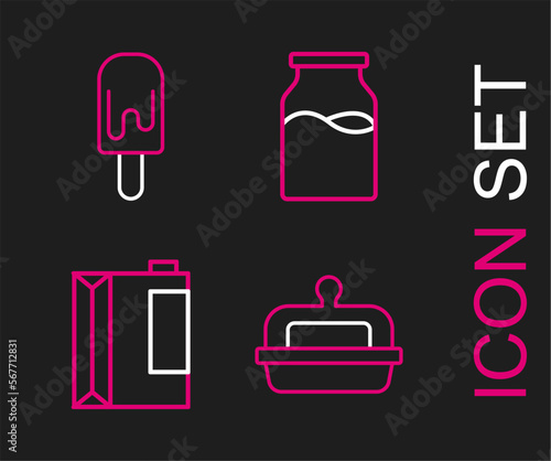 Set line Butter in a butter dish, Paper package for kefir, Bottle with milk and Ice cream icon. Vector