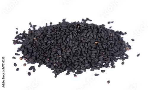 Black cumin seeds isolated on white background. Heap of black nigella seeds. Nigella sativa.