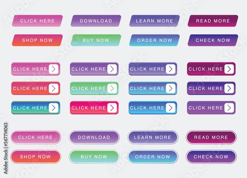 Set of vector modern trendy buttons. Trendy colors on white background. Read More, learn more, buy now, download, watch now, book more colorful button. web button collection design. photo