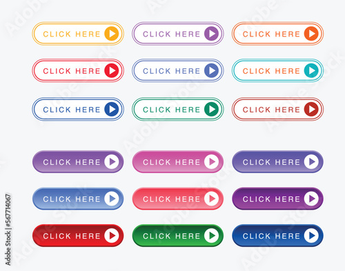 Set of vector modern trendy buttons. Trendy colors on white background. Read More, learn more, buy now, download, watch now, book more colorful button. web button collection design.