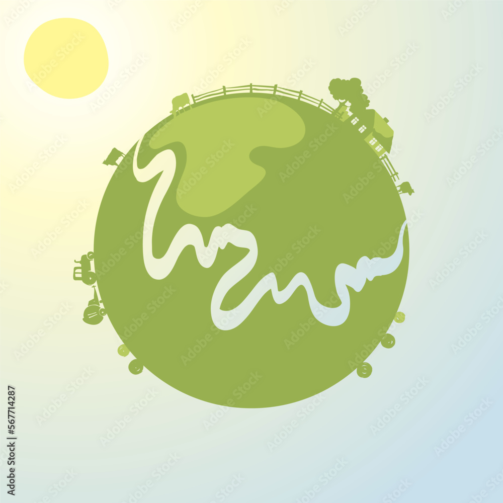 Funny rounded landscape with cows and tractor. Vector illustration, fields and meadows, fodder harvesting Funny rounded landscape with cows and tractor. Vector illustration, fields and meadows, fodder harvesting