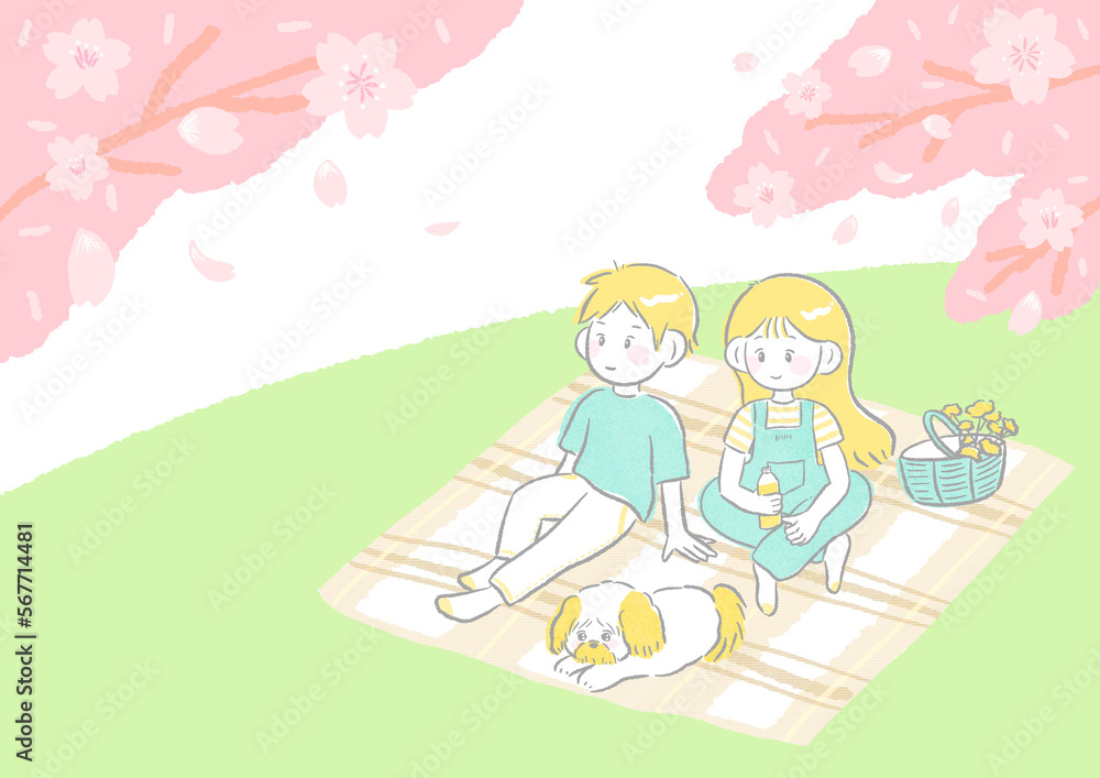 Cherry blossom viewing Family having a picnic Sitting on a blanket with a dog Cute and simple hand drawn illustration / お花見 ピクニックをする家族 犬とブランケットに座っている かわいくてシンプルな手描きイラスト Cherry blossom viewing Family having a picnic Sitting on a blanket with a dog Cute and simple hand drawn illustration / お花見 ピクニックをする家族 犬とブランケットに座っている かわいくてシンプルな手描きイラスト