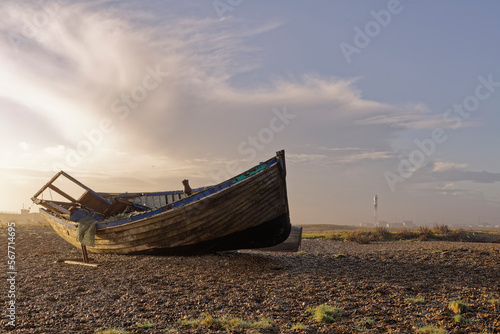 a lonely boat on a beach at Dungeness