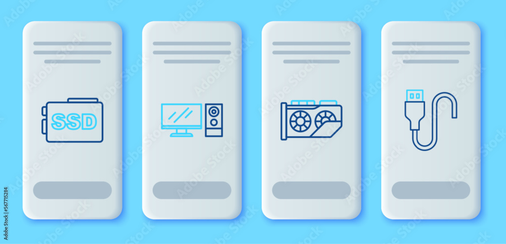 Set line Computer monitor, Video graphic card, SSD and USB cable cord icon. Vector Set line Computer monitor, Video graphic card, SSD and USB cable cord icon. Vector