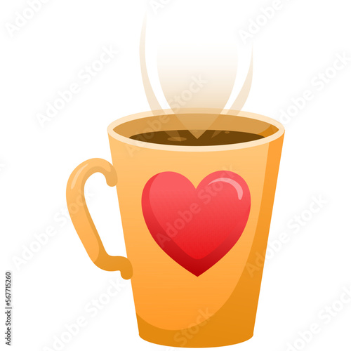 yellow cup of coffee, tea with steam in the form of a heart and a red heart 