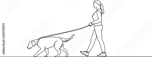continuous single line drawing of woman walking her dog, line art vector illustration