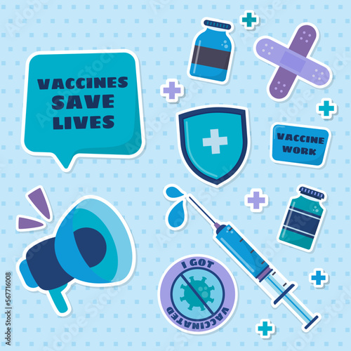 Flat design of vaccinated equipment concept icon stickers set collection vector stock