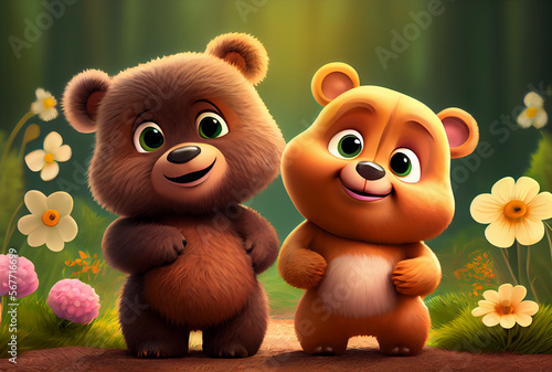 two cute cartoon teddy bears on dark background,  illustration made with Generative AI © Alona