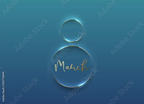Minimalist blue soft 3D 8 shape abstract gold line frame design. March golden text. 8 march day vector illustration. Geometric minimal Women's Day holiday poster, greeting card, paper cut banner