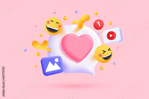 3D social media online platform concept, online social communication on applications, Photo frame with heart and love emoji icon, like and play in red bubble icons. 3d Vector illustration
