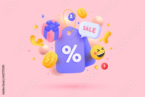 3D Discount tag for sales and shopping online, discount coupon of cash. Online Shopping on time alert notice special offer promotion. 3d Vector illustration
