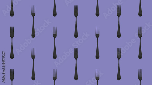 pattern. Fork top view on pastel blue violet background. Template for applying to surface. Horizontal image. Flat lay. 3D image. 3D rendering.