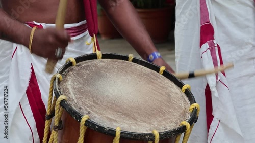 Bangalore, India 22nd January 2023: Traditional South Indian Music. KERELA TRADITIONAL DRUMMER. CHENDA MELAM. Taadam. Indian drummers playing Chenda drums during the celebration. photo