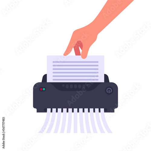 Hand hold paper sheet in shredder office device for destruction of documents vector illustration