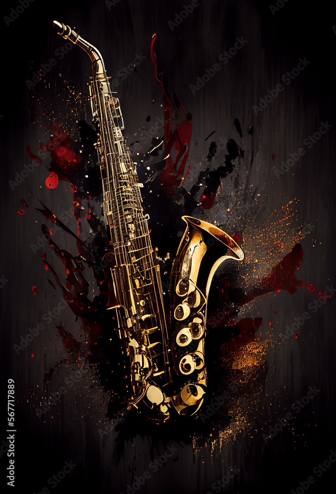 Naklejka premium Generative AI abstract painting of saxophone instrument. Fun, hobby and leisure concept
