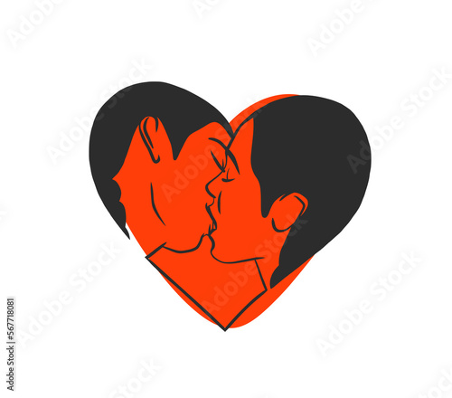 Hand drawn vector abstract graphic illustration Valentines day design,with drawing kissing couple line art,isolated.Love couple kissing couple together.Valentines day love beautiful design concept.