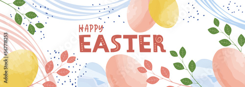 Happy easter banner, spring pattern. Season holiday frame, doodle creative paper art, party event. Pastel colored eggs, cute background with green branches. Vector current background