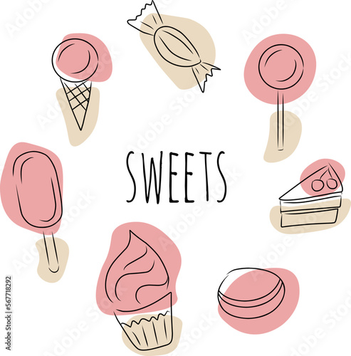 Sweets, vector set. Hand drawn sketch and colored spots. Ice cream, candy, cake, cupcake and cookie. In the center is the inscription Sweets.