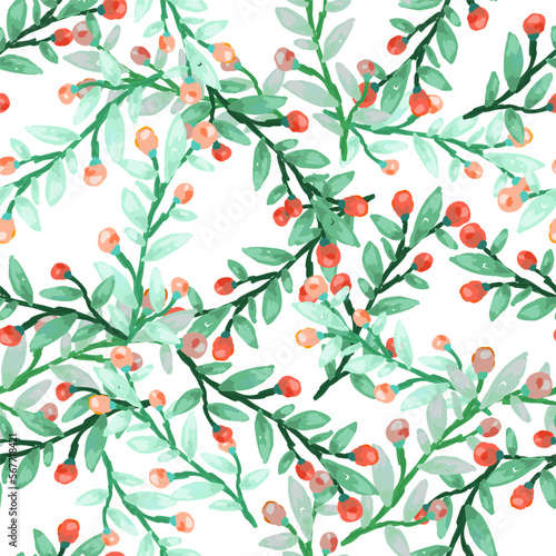Seamless pattern with berry branches. Hand drawn wild berries floral wallpaper.