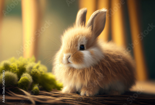 Cute small fluffy brown bunny. Illustration AI