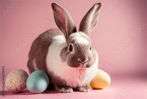 Funny cute bunny with colorful Easter eggs on pink background. Illustration