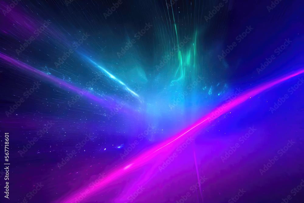 Horizon line in space, abstract vibrant colored shiny lights background. Ai generated art.