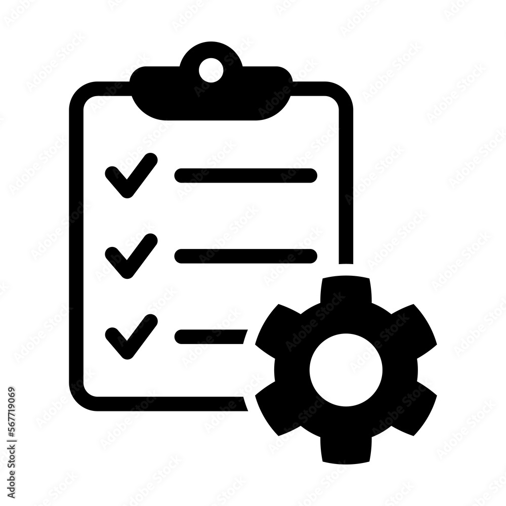 Clipboard and gear icon. Project management concept flat style. Technical support check list with cog. Software development concept. Vector illustration for web and app. Clipboard and gear icon. Project management concept flat style. Technical support check list with cog. Software development concept. Vector illustration for web and app.