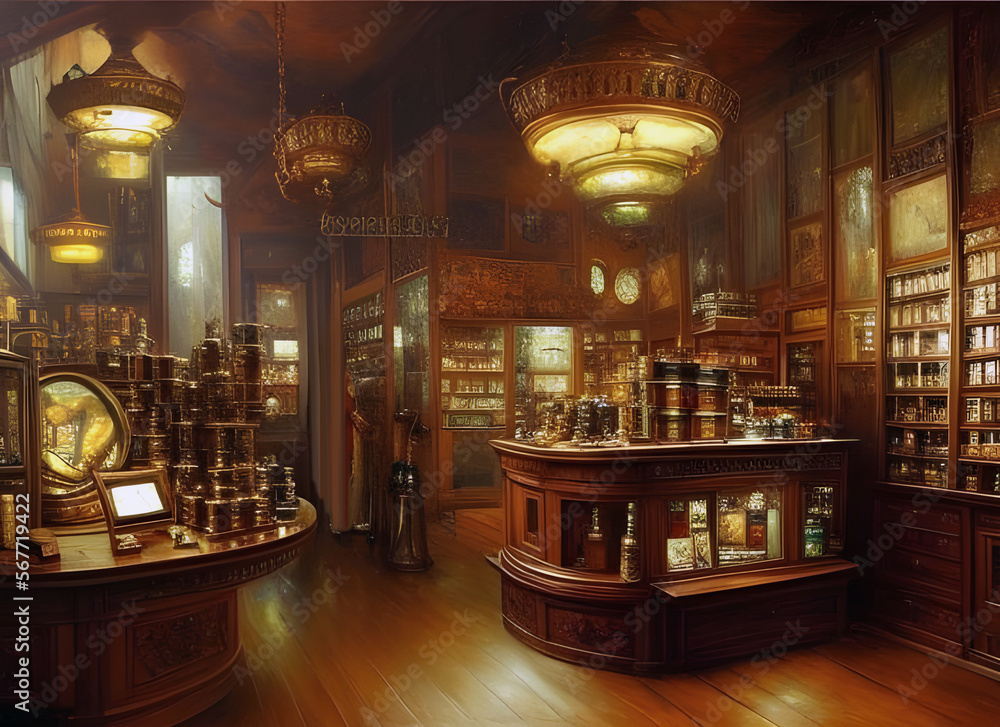 The interior of an old fashioned tobacconist shop with smoking products stacked on shelves and on the counter and table. generative ai illustration.
