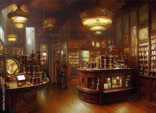 The interior of an old fashioned tobacconist shop with smoking products stacked on shelves and on the counter and table. generative ai illustration. photo