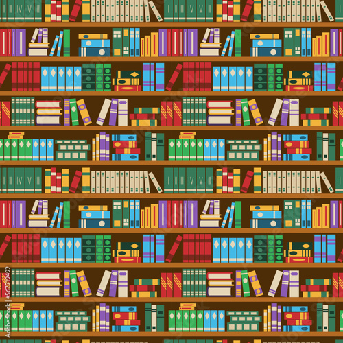 Bookshelf pattern. Books wall. Bookshop backdrop. Library interior. Shelves with textbook stacks. Store bookcases. School reading. Study literature. Vector garish seamless background