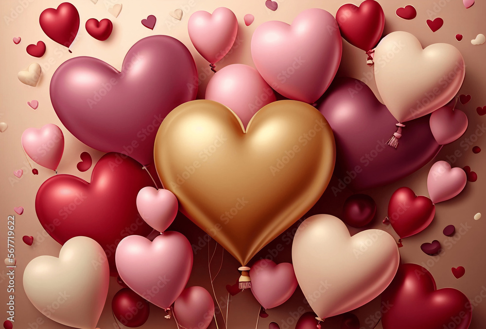Valentine's day background with colorful hearts. Variety of hearts shaped balloons flying around. Illustration