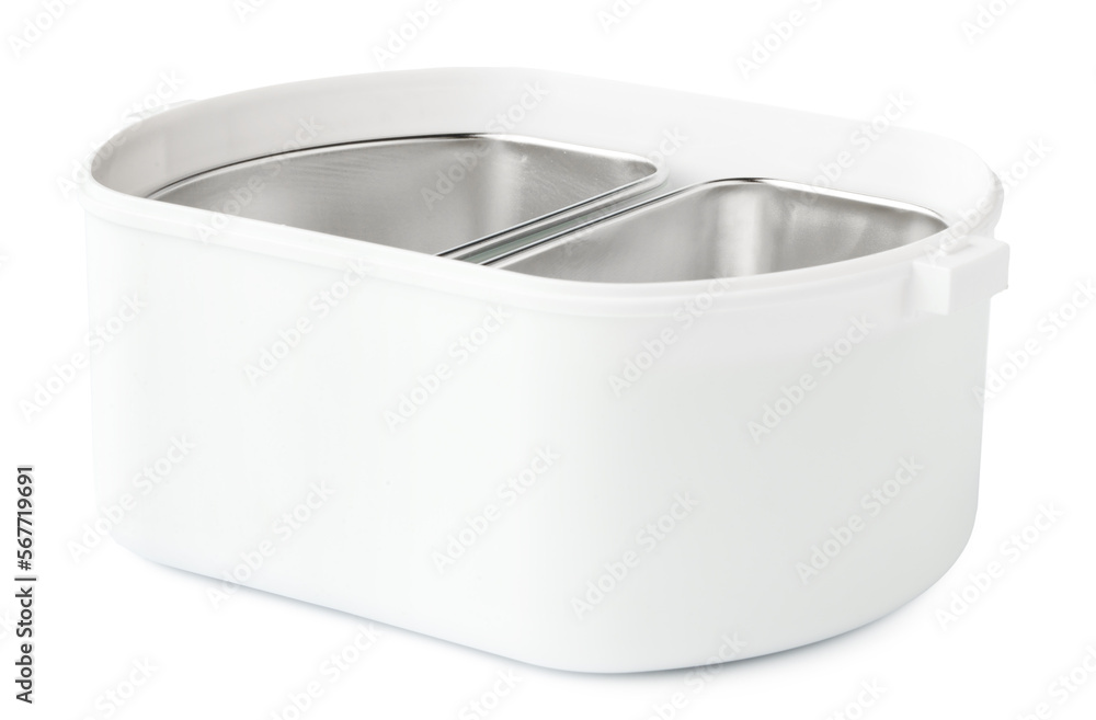 Empty lunch box with metal compartments isolated on white background. Empty lunch box with metal compartments isolated on white background.