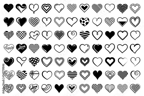 Black and white heart icons. Love emotion symbols. Vector heart designs isolated on white background.