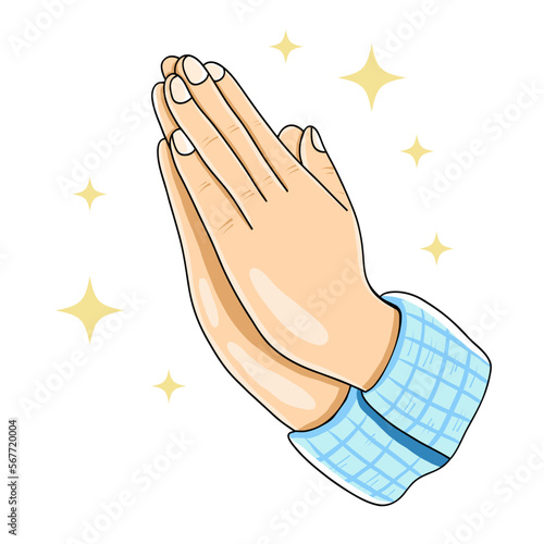 Hand drawn vector image with folded hands, praying sign, cute colorful illustration 