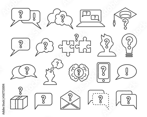 Question mark. Think and speech bubbles. Problem icons. Persons doubt. Man inquiring in FAQ. Solve and reason. Information talk. Confusion or uncertainty. Vector line pictograms set