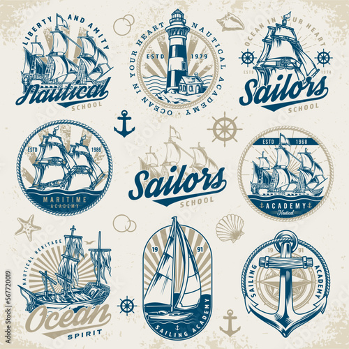 Nautical adventure emblem set colorful