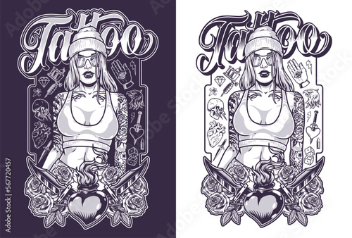 Girl with tattoo parlor flyer