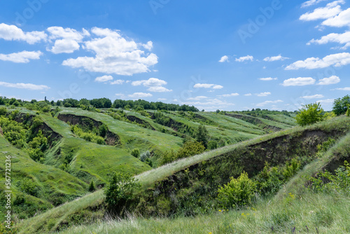 View ravine covered with greenery. Landscape valley with geological faults. Earthen mountains and bumps relief on against sky. Hill beam with protrusions and recesses. Grass and trees on slope canyon.