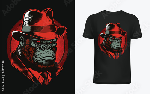 Gang boss colorful vintage print with aggressive gorilla gangster in coat fedora hat scarf vector illustration for t shirt design, poster, banner etc.