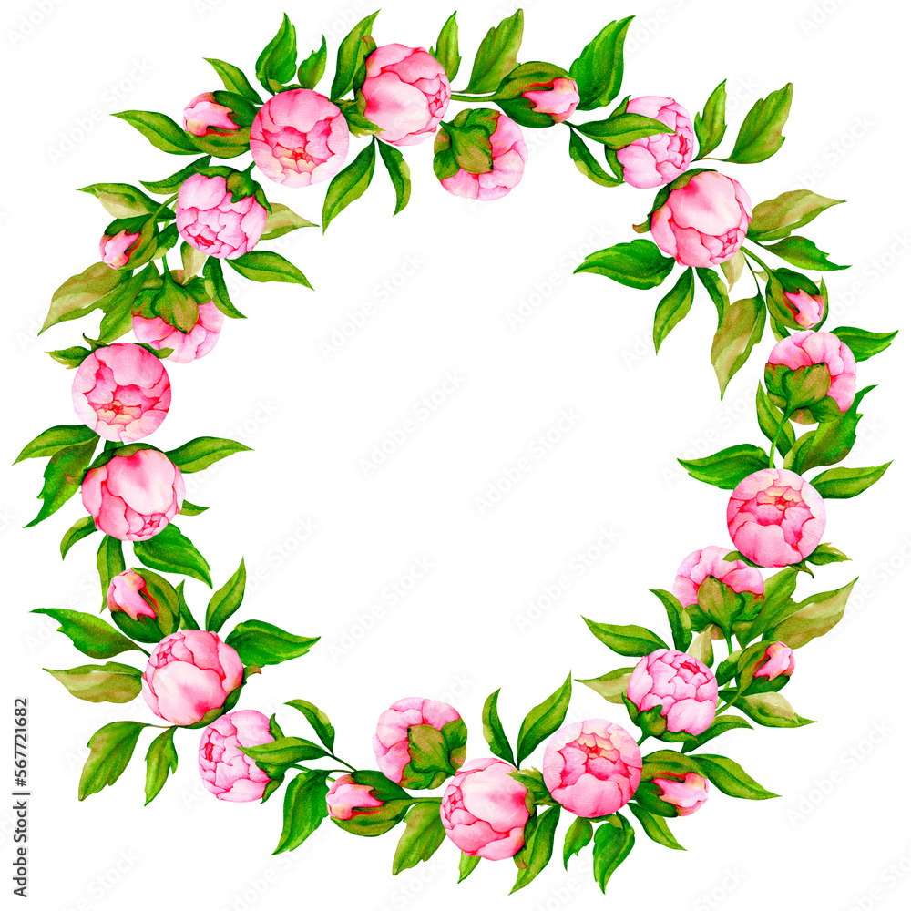 Wreath of pink peonies. Watercolor border for the design of greeting cards, invitations, congratulations, posters, announcements. Wedding, Valentine's Day, birthday, anniversary design.

