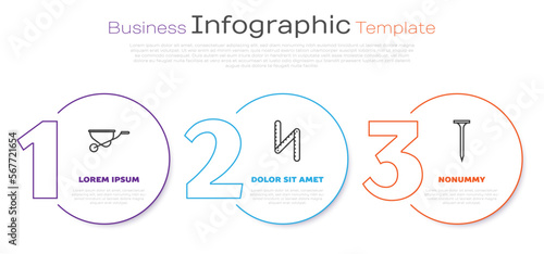 Set line Wheelbarrow, Folding ruler and Metallic nail. Business infographic template. Vector