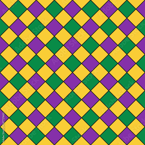 Mardi Gras seamless pattern. Fleur de lis checkered background. Green, purple and yellow background. Vector template for carnival decorations