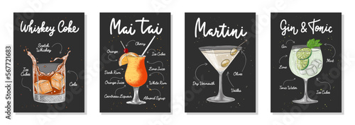 Set of 4 advertising recipe lists with alcoholic drinks, cocktails and beverages lettering posters, wall decoration, prints, menu design. Hand drawn typography with sketches. Handwritten calligraphy.