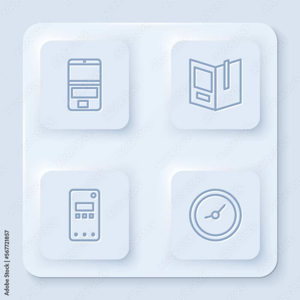 Set line Laptop, Open book, Mobile phone and Clock. White square button. Vector Set line Laptop, Open book, Mobile phone and Clock. White square button. Vector
